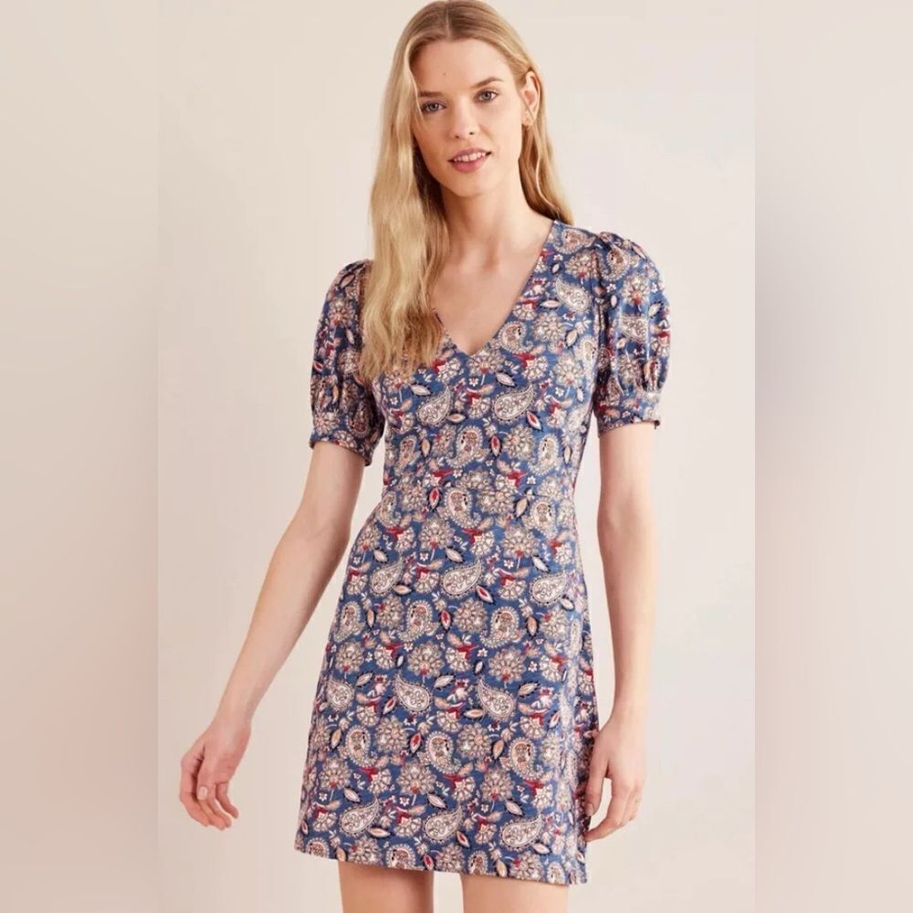 BODEN V-Neck Jersey Mini Dress US Size 8 Navy Paisley Terrace UK 12 NWT